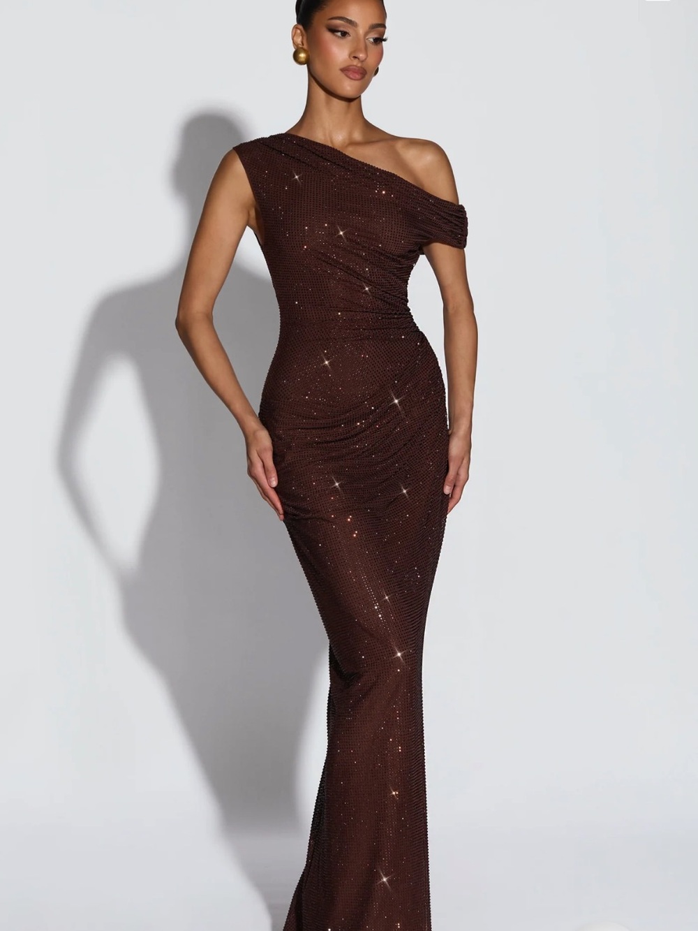 Asymmetric One-Shoulder Sparkling Brown Evening Dress